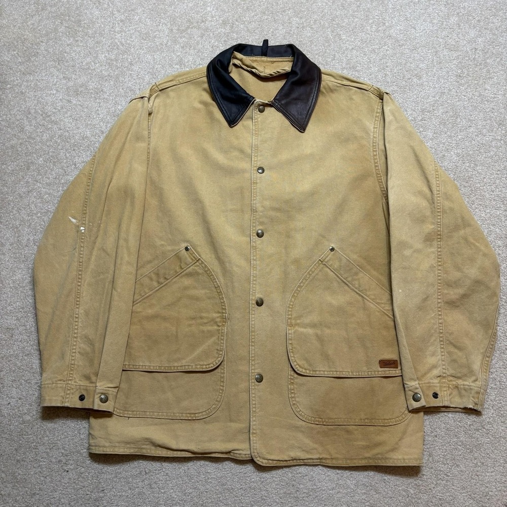 Vtg Woolrich Coat Mens XL Tan Canvas Leather‎ Collar Hunting Field 80s 90s Barn